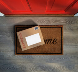 Online,shopping,express,delivery,box,outside,door.,overhead,view.,add